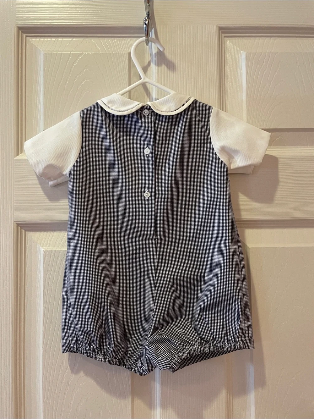 Petit Ami Navy Gingham Baby Boy size 3 mos Shortall with White Peter Pan Coller